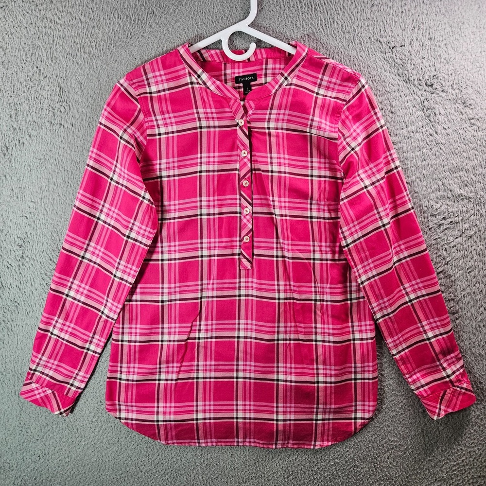 Talbots Tunic Top Blouse Women‎ Small 1/2 Button Long Sleeve Pink Plaid